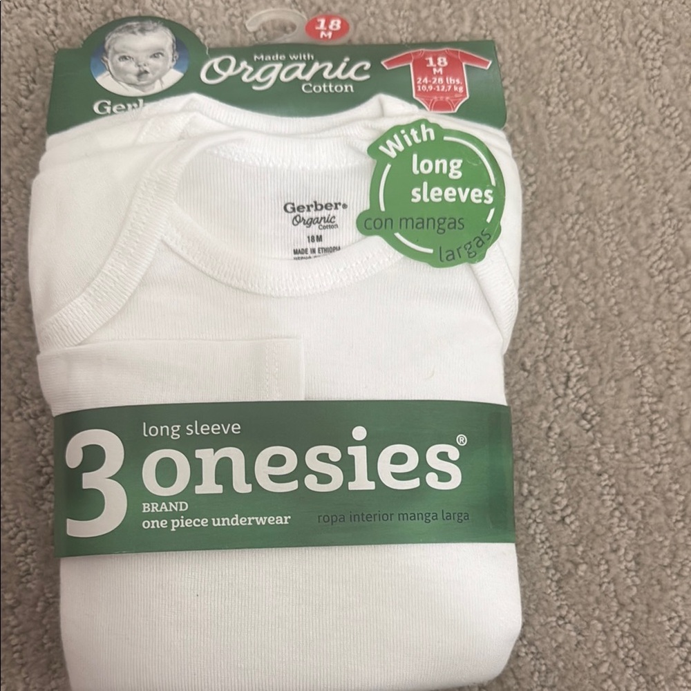 Gerber White Organic Bodysuits Long Sleeve 3 Pack 18 mos